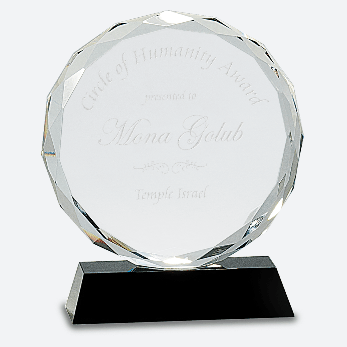 Round Facet Crystal on Black Pedestal Base
