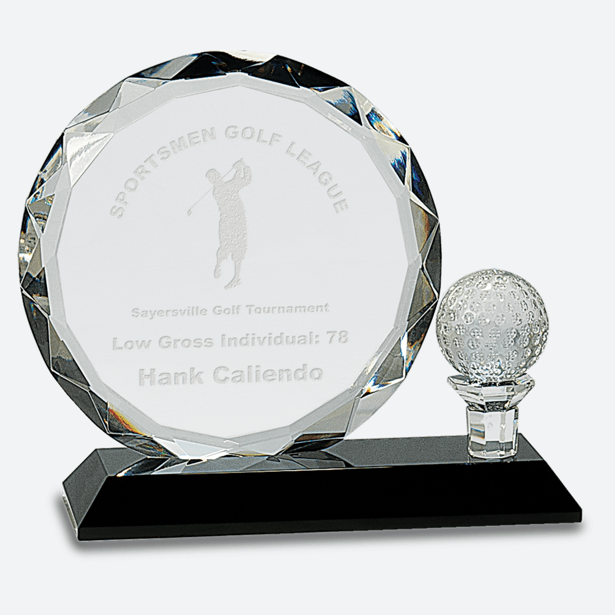 Round Facet Crystal with Golf Ball on Black Pedestal Base