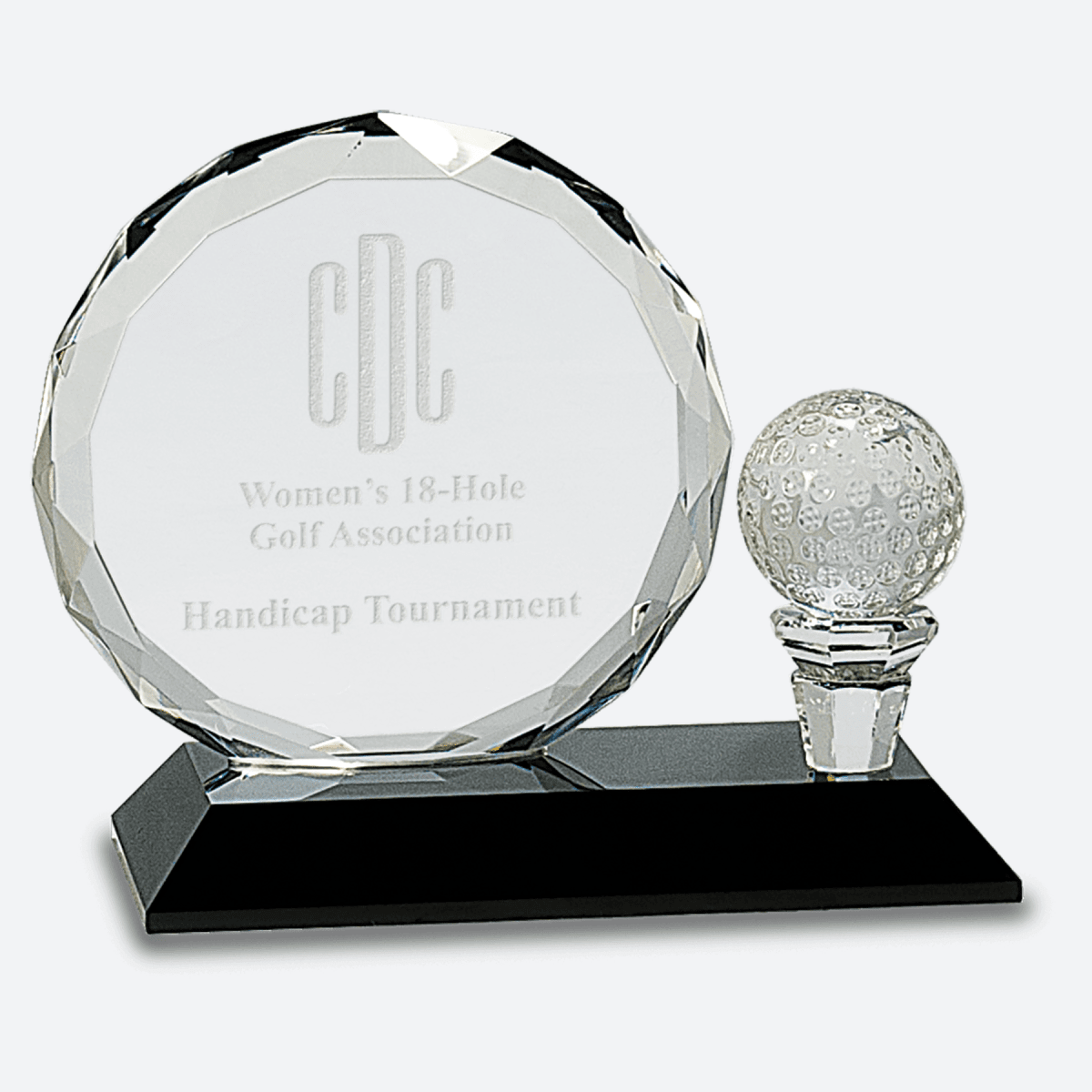 Round Facet Crystal with Golf Ball on Black Pedestal Base