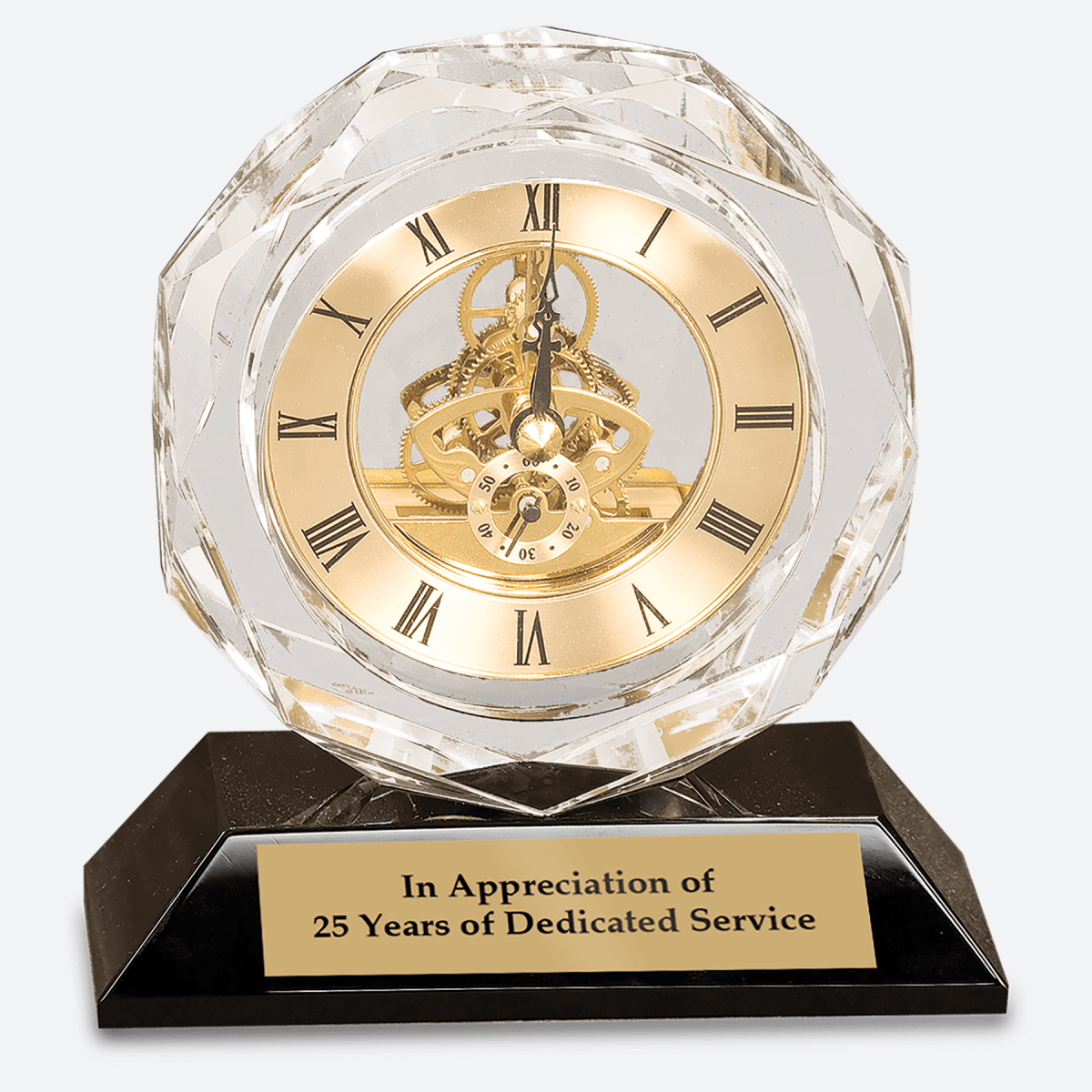 Clear Crystal Clock on Black Pedestal Base