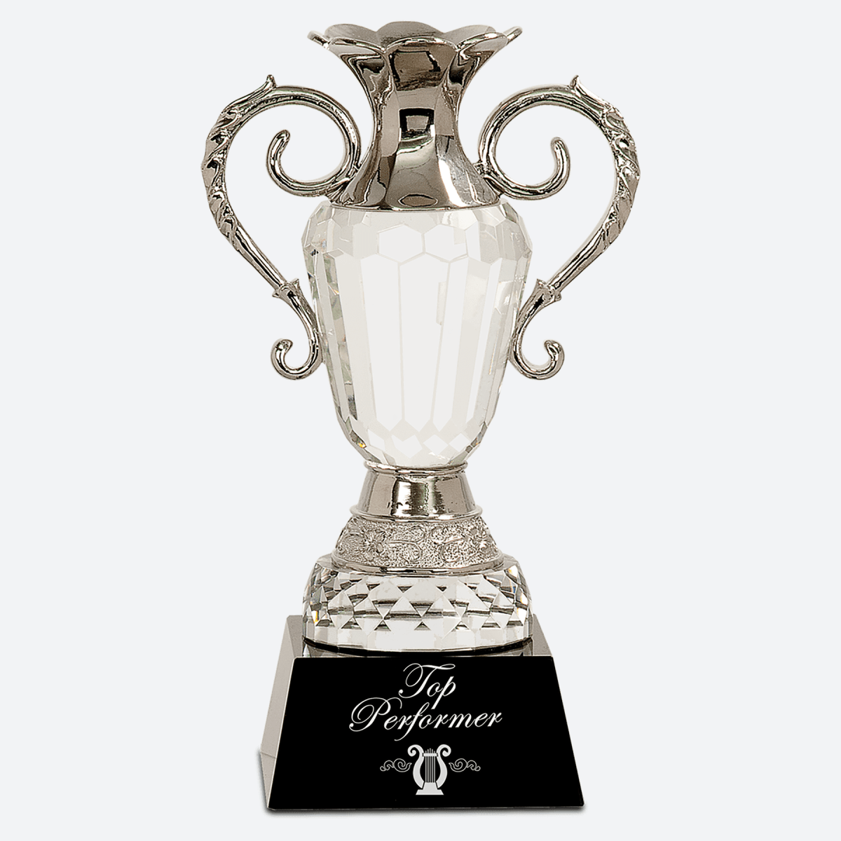 Crystal Cup with Silver Metal Handles on Black Pedestal Base