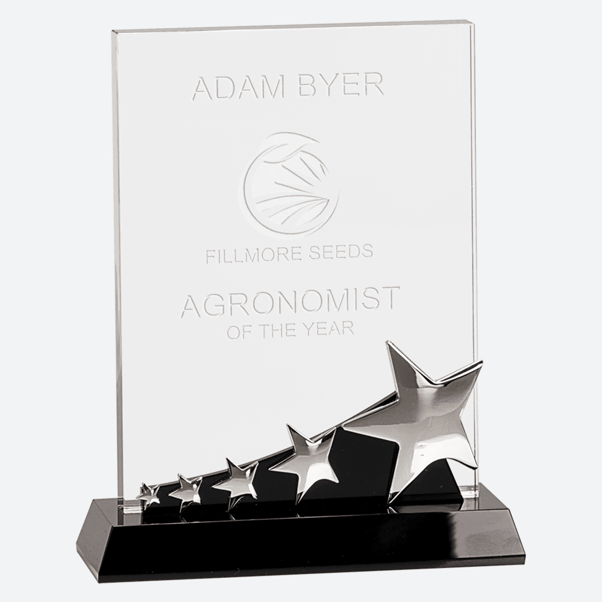 Rectangle Crystal with Silver Stars on Black Pedestal Base
