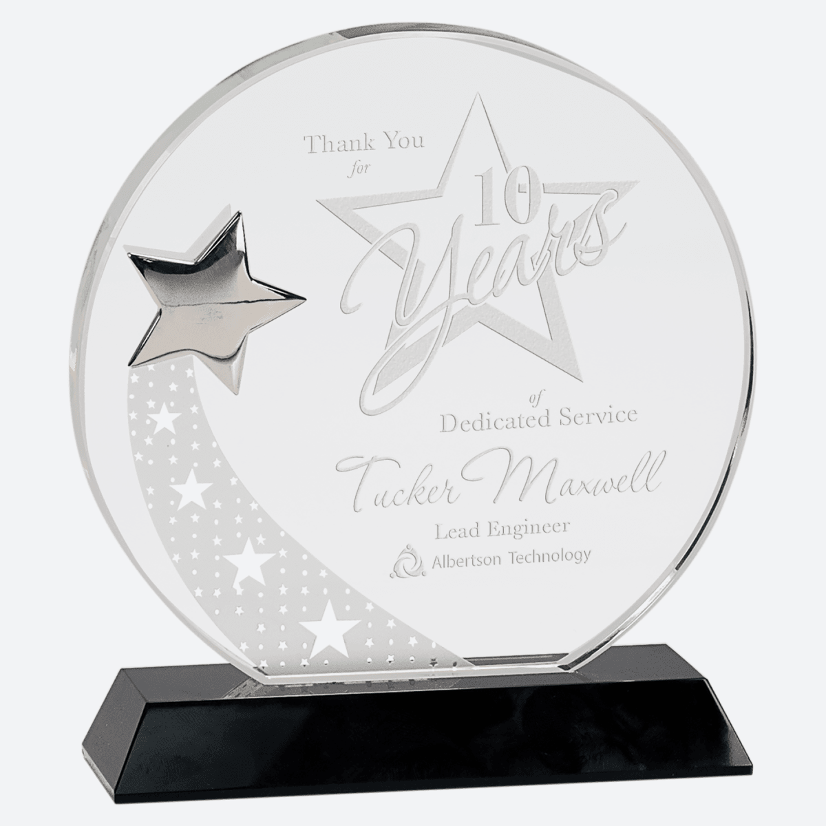 Round Crystal with Silver Star on Black Pedestal Base