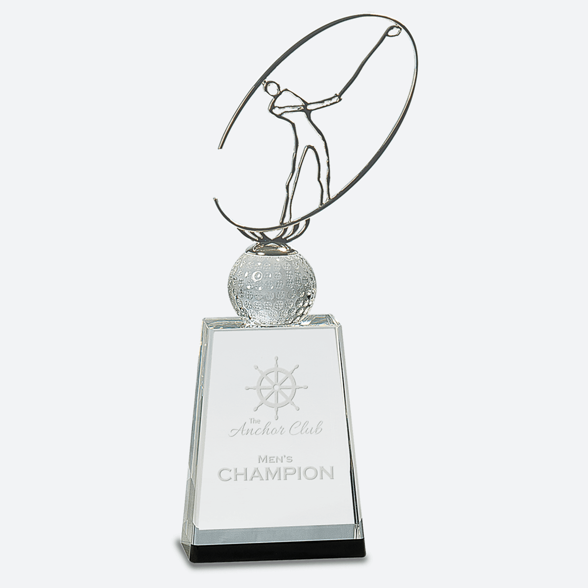 Clear and Black Crystal Golf Award with Silver Metal Oval Figure