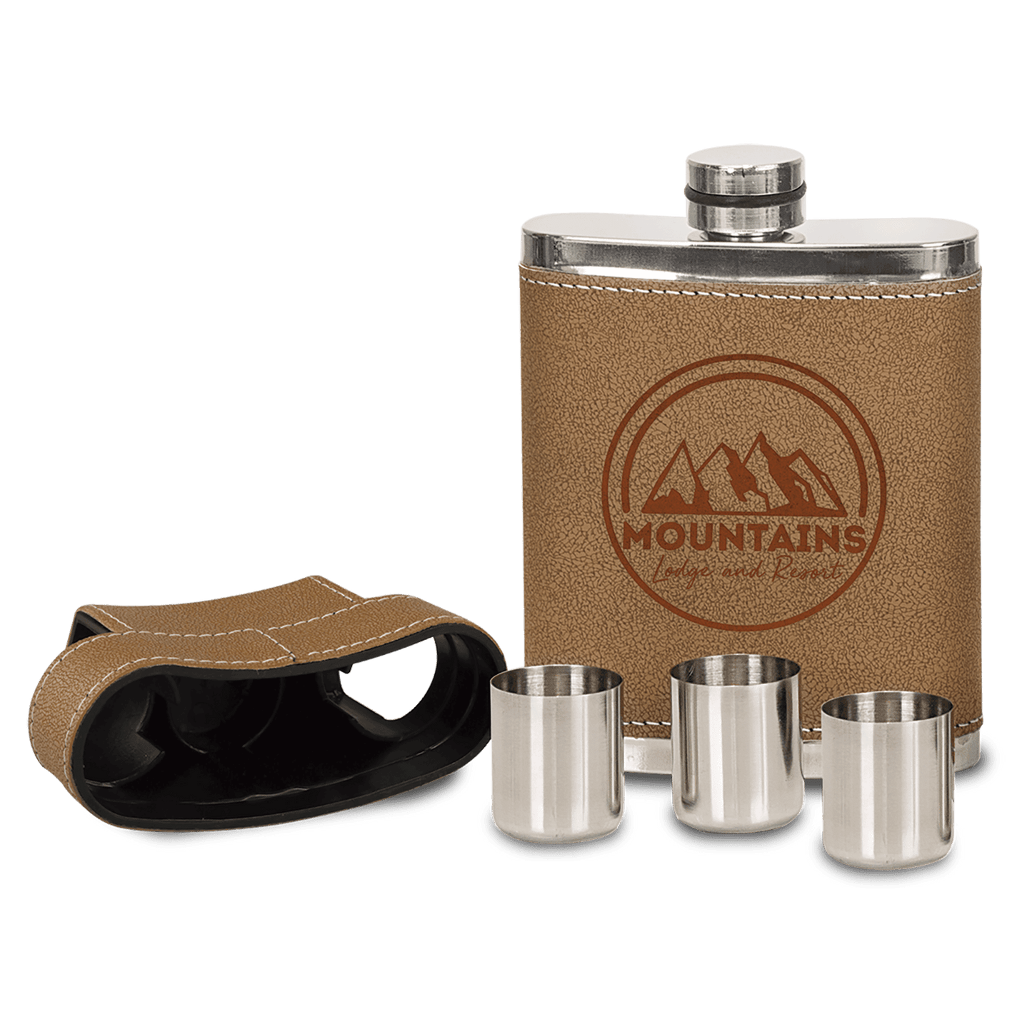 Leather Flask Lid and 3 Shot Glasses