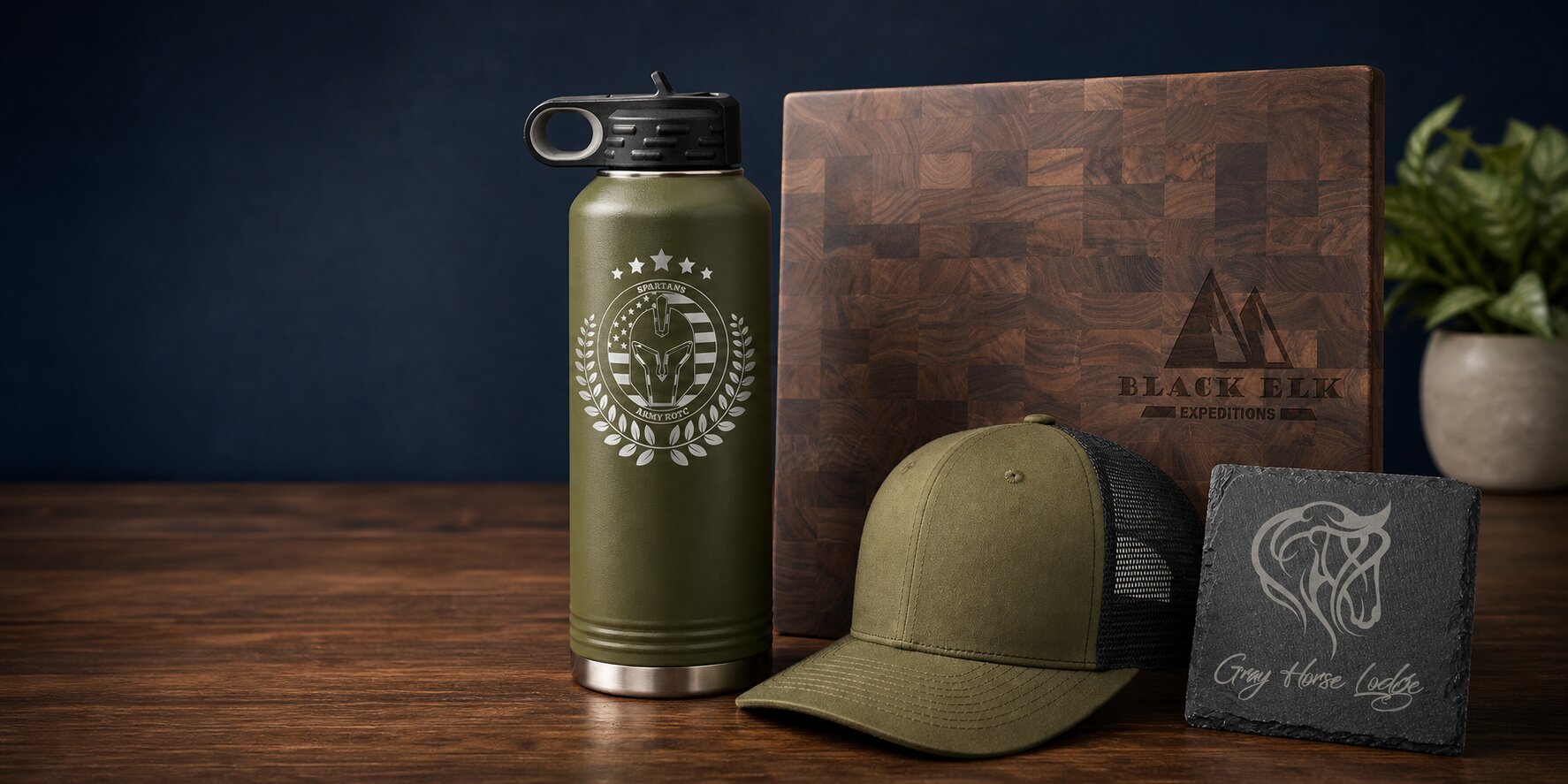 Personalized engraved bottle, cutting board, hat, and coaster