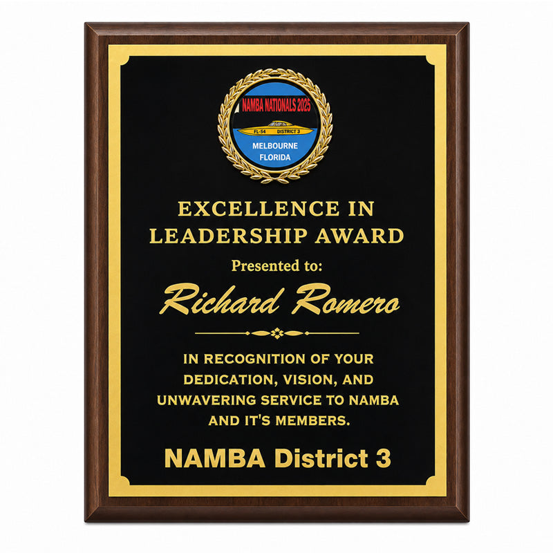 Engraved walnut award plaque with gold plate