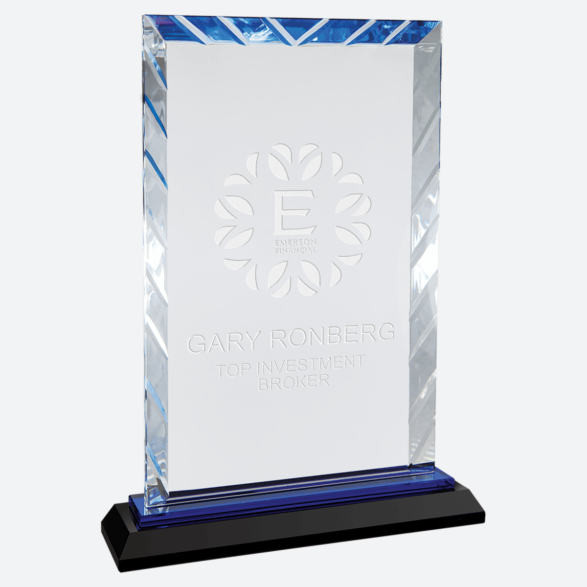 Clear Rectangle Accent Glass on Black and Blue Reflective Base