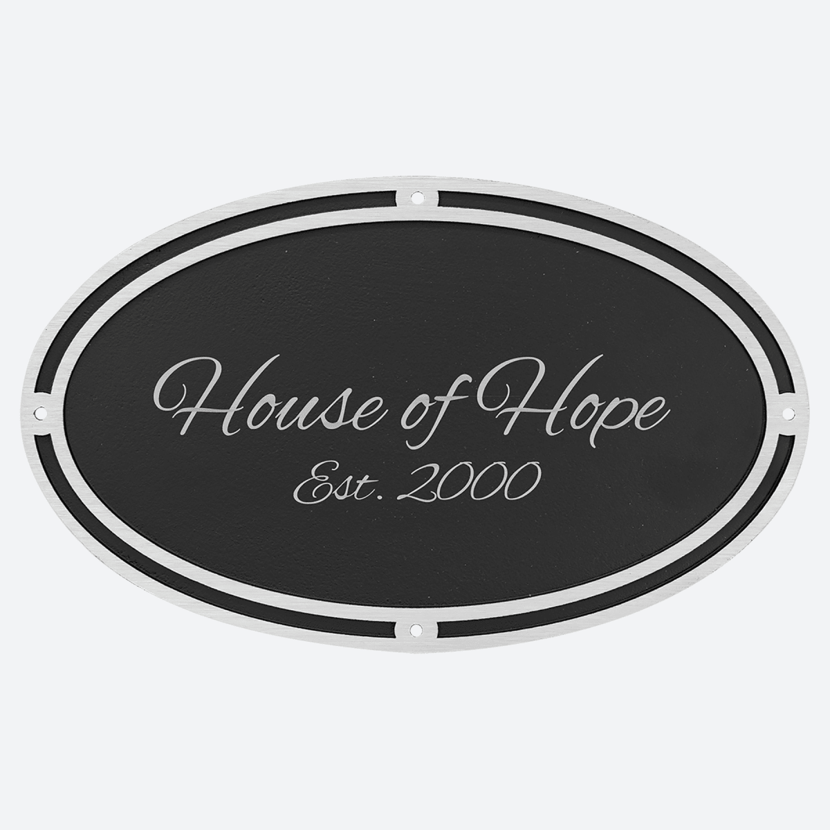 Silver and Black Oval Cast Aluminum Sign with 4 Mounting Screws