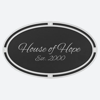 Silver and Black Oval Cast Aluminum Sign with 4 Mounting Screws