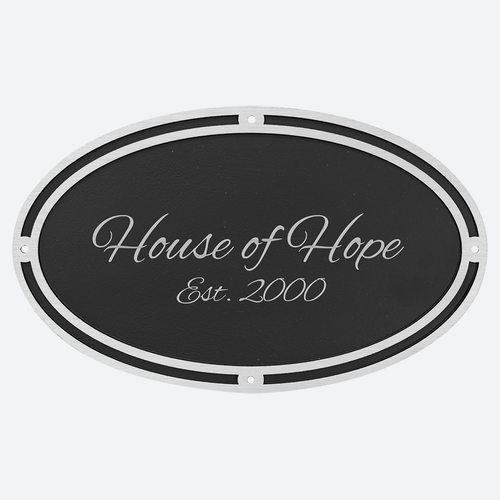 Silver and Black Oval Cast Aluminum Sign with 4 Mounting Screws