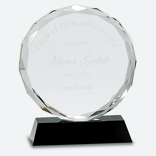 Round Facet Crystal on Black Pedestal Base