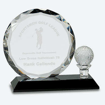 Round Facet Crystal with Golf Ball on Black Pedestal Base