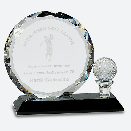 Round Facet Crystal with Golf Ball on Black Pedestal Base