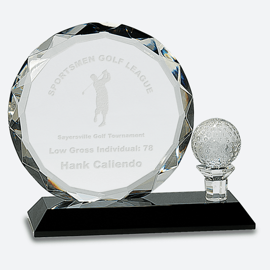Round Facet Crystal with Golf Ball on Black Pedestal Base