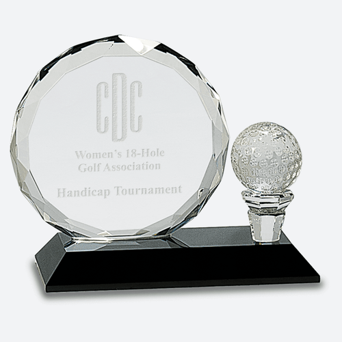 Round Facet Crystal with Golf Ball on Black Pedestal Base