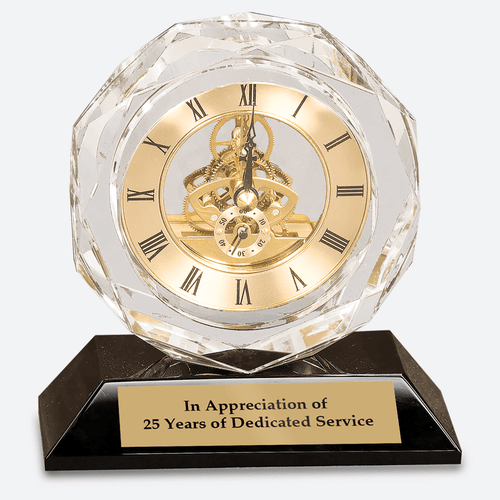 Clear Crystal Clock on Black Pedestal Base