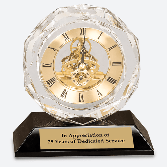 Clear Crystal Clock on Black Pedestal Base