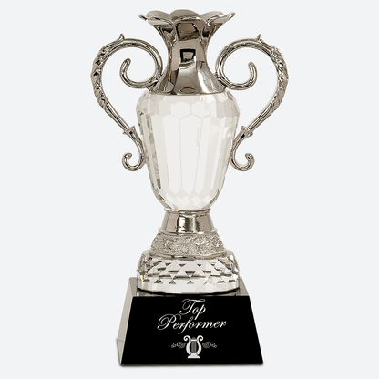 Crystal Cup with Silver Metal Handles on Black Pedestal Base