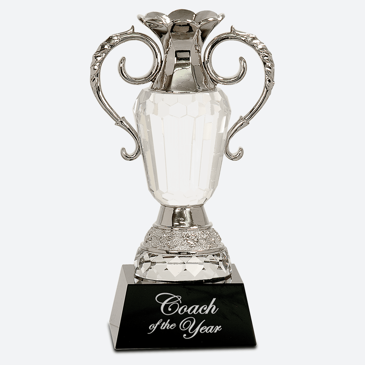 Crystal Cup with Silver Metal Handles on Black Pedestal Base