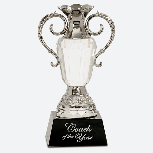 Crystal Cup with Silver Metal Handles on Black Pedestal Base