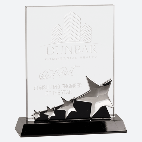 Rectangle Crystal with Silver Stars on Black Pedestal Base