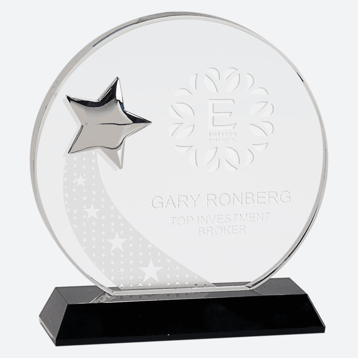 Round Crystal with Silver Star on Black Pedestal Base