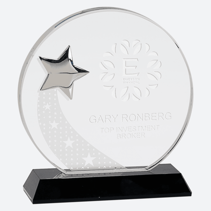 Round Crystal with Silver Star on Black Pedestal Base