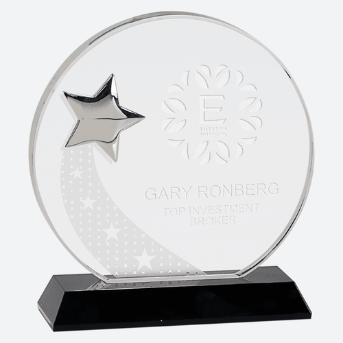 Round Crystal with Silver Star on Black Pedestal Base