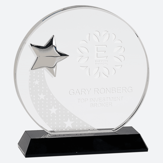 Round Crystal with Silver Star on Black Pedestal Base