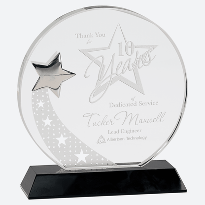 Round Crystal with Silver Star on Black Pedestal Base