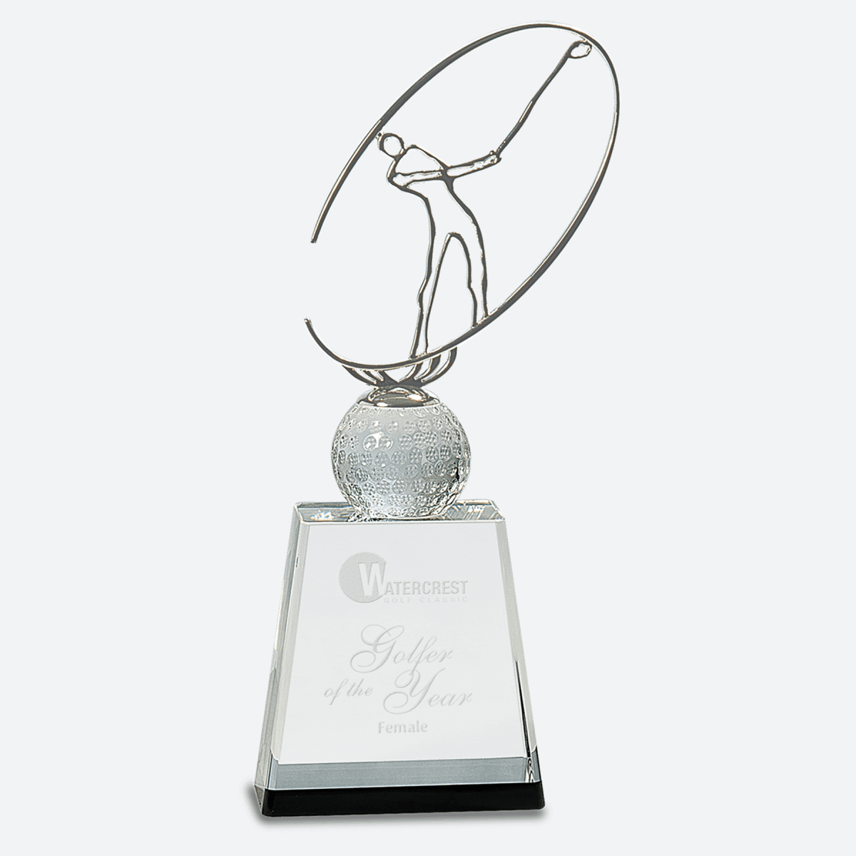 Clear and Black Crystal Golf Award with Silver Metal Oval Figure