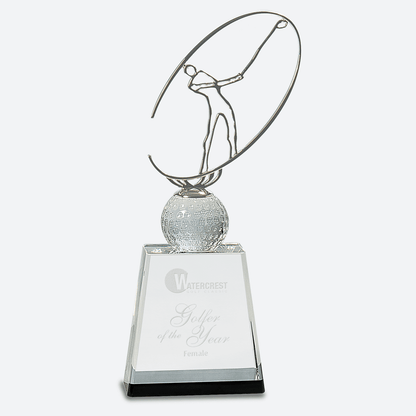 Clear and Black Crystal Golf Award with Silver Metal Oval Figure