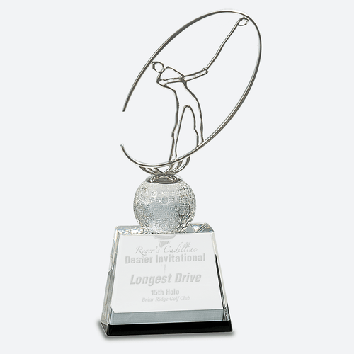 Clear and Black Crystal Golf Award with Silver Metal Oval Figure