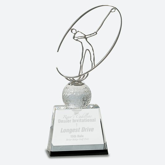 Clear and Black Crystal Golf Award with Silver Metal Oval Figure