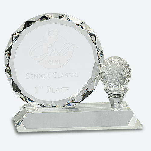 Round Facet Crystal with Golf Ball on Clear Pedestal Base