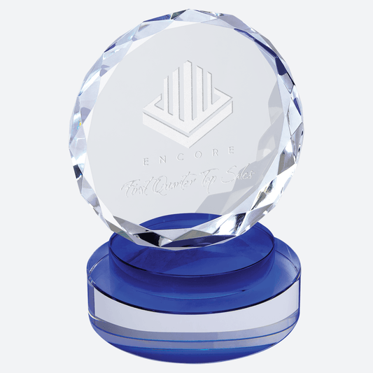 Round Facet Crystal on Blue and Clear Round Base