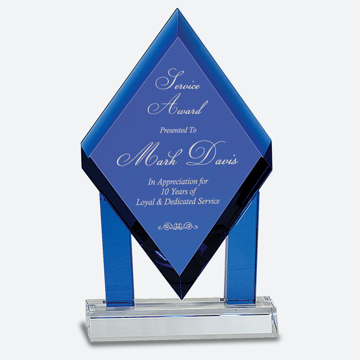 Blue Crystal Floating Diamond with Blue Columns on Clear Base