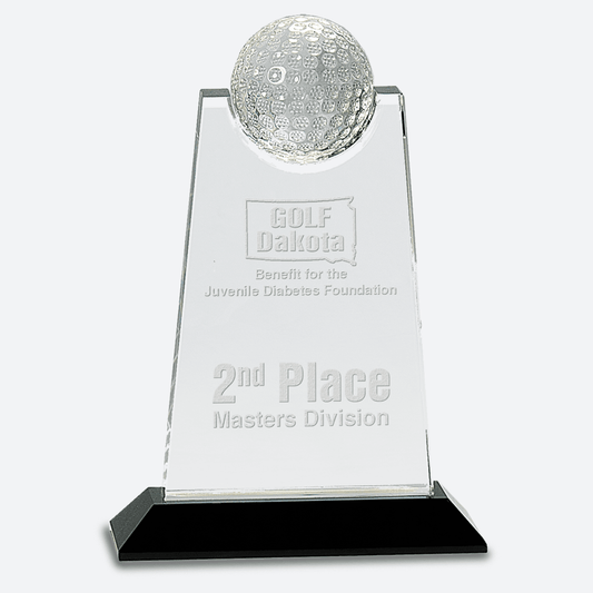 Clear Crystal Tablet with Inset Golf Ball on Black Pedestal Base