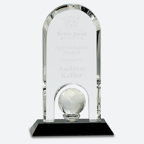 Clear Crystal Dome with Inset Globe on Black Pedestal Base