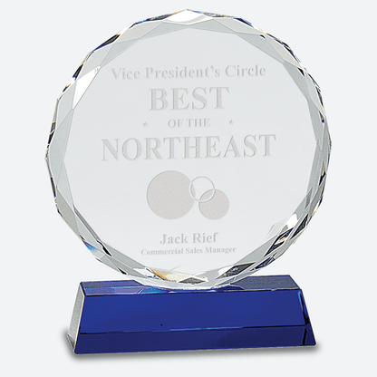 Round Facet Crystal on Blue Pedestal Base