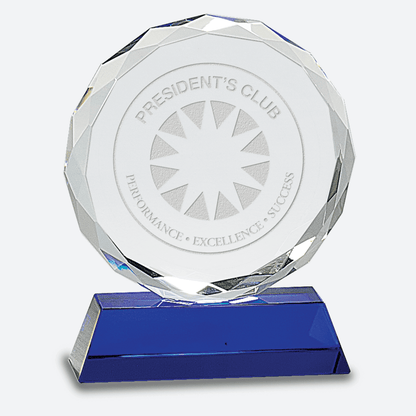 Round Facet Crystal on Blue Pedestal Base
