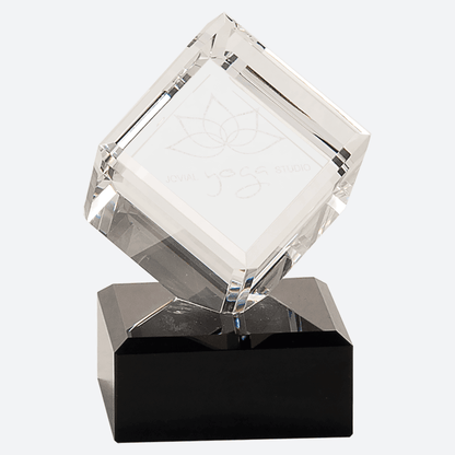 Clear Crystal Cube on Black Pedestal Base