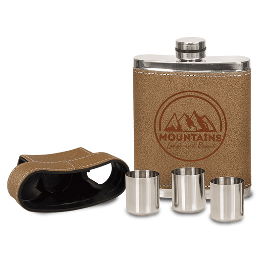 Leather Flask Lid and 3 Shot Glasses