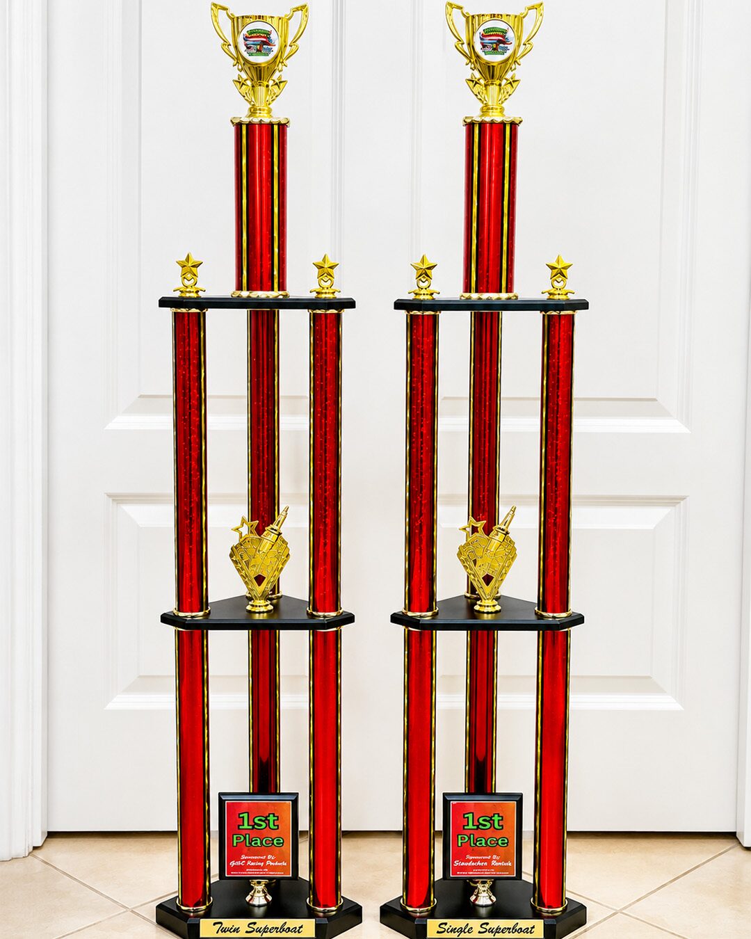 Three-tier red custom event trophy