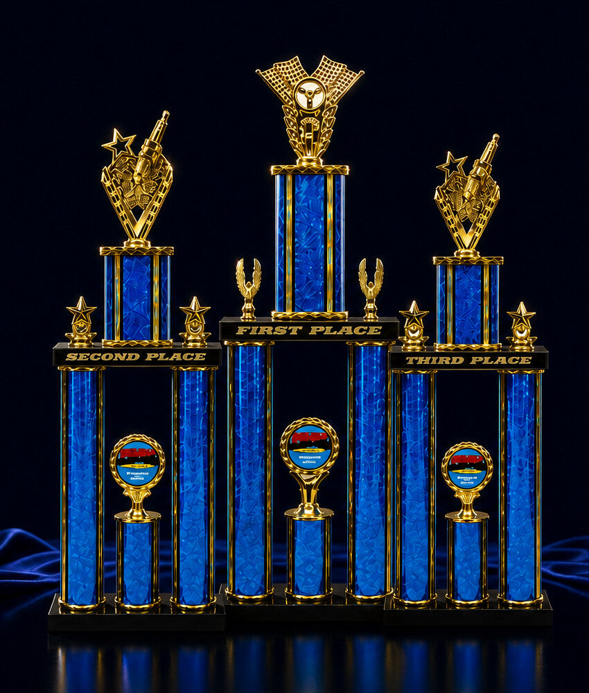 Competition trophy bundle with first, second, and third place trophies