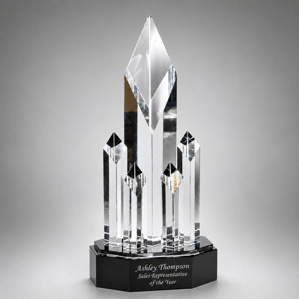 Crystal tower awards on a black base
