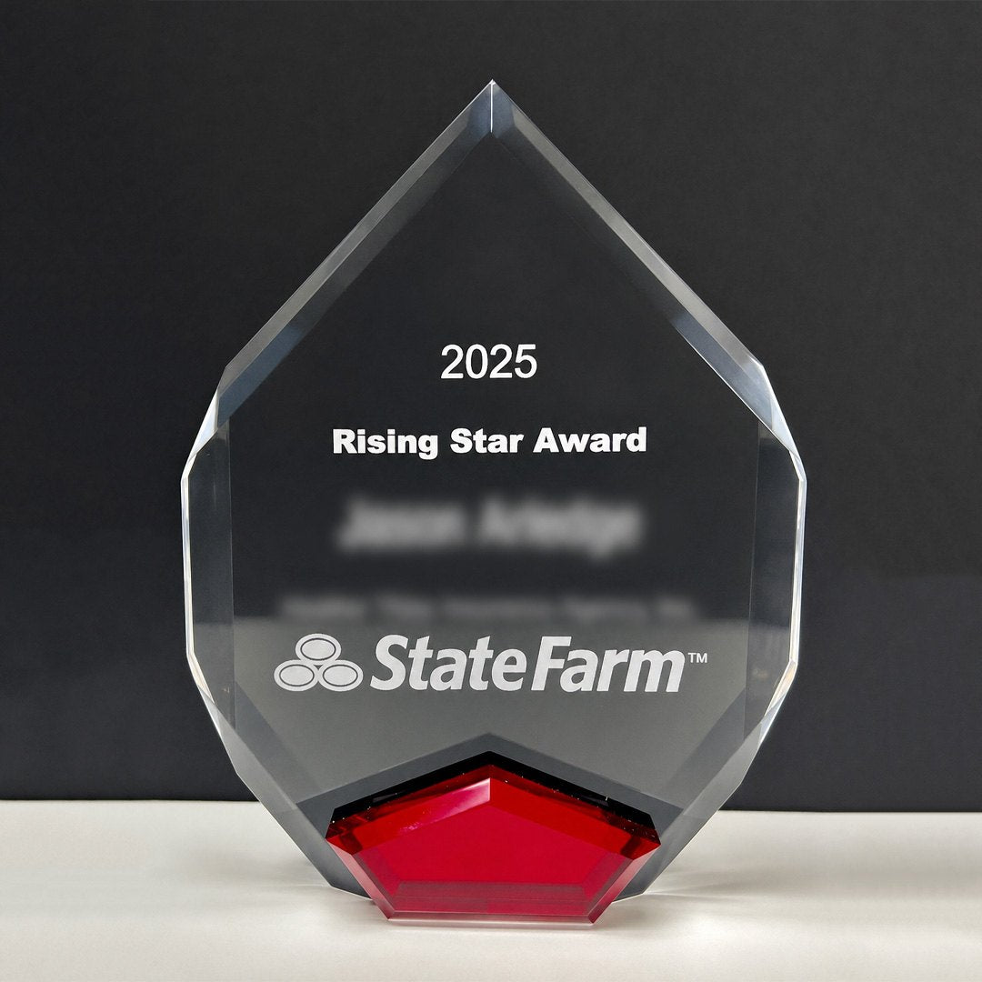 Engraved recognition acrylic award with red accent base